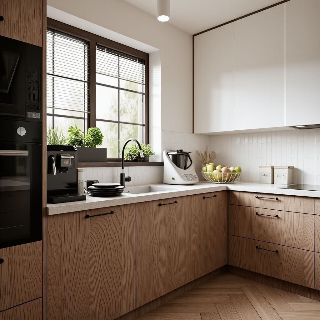 Nowoczesna kuchnia z drewnianymi frontami szafek, białymi górnymi szafkami i oknem z widokiem na zieleń. Na blacie ekspres do kawy, robot kuchenny i dekoracje.