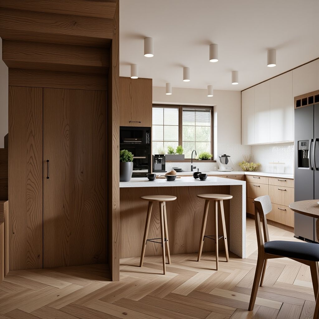 Jasna kuchnia z drewnianymi akcentami: parkiet w jodełkę, wyspa z hokerami, okno z roślinami. Minimalistyczne oświetlenie sufitowe i nowoczesne sprzęty.