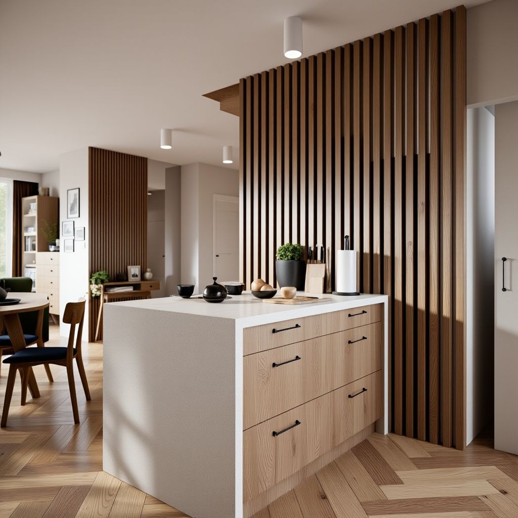 Nowoczesna wyspa kuchenna z drewnianymi frontami i białym blatem, na tle drewnianej ażurowej ścianki działowej w przestronnym wnętrzu.