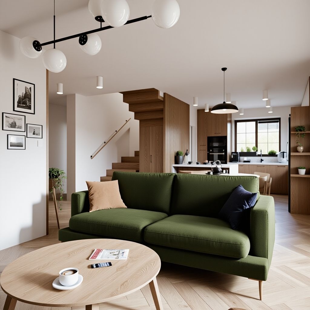 Nowoczesny salon z zieloną sofą, drewnianym stolikiem kawowym i otwartą kuchnią w tle. Minimalistyczne oświetlenie i schody z drewnianymi panelami dodają elegancji.