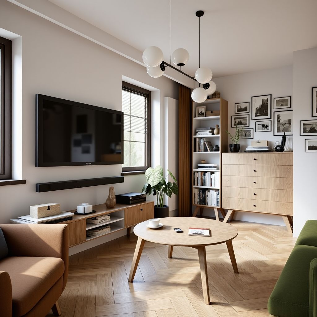 Jasne wnętrze salonu z drewnianą podłogą w jodełkę. Telewizor na ścianie, okrągły stolik kawowy i regał z książkami tworzą przytulną przestrzeń.