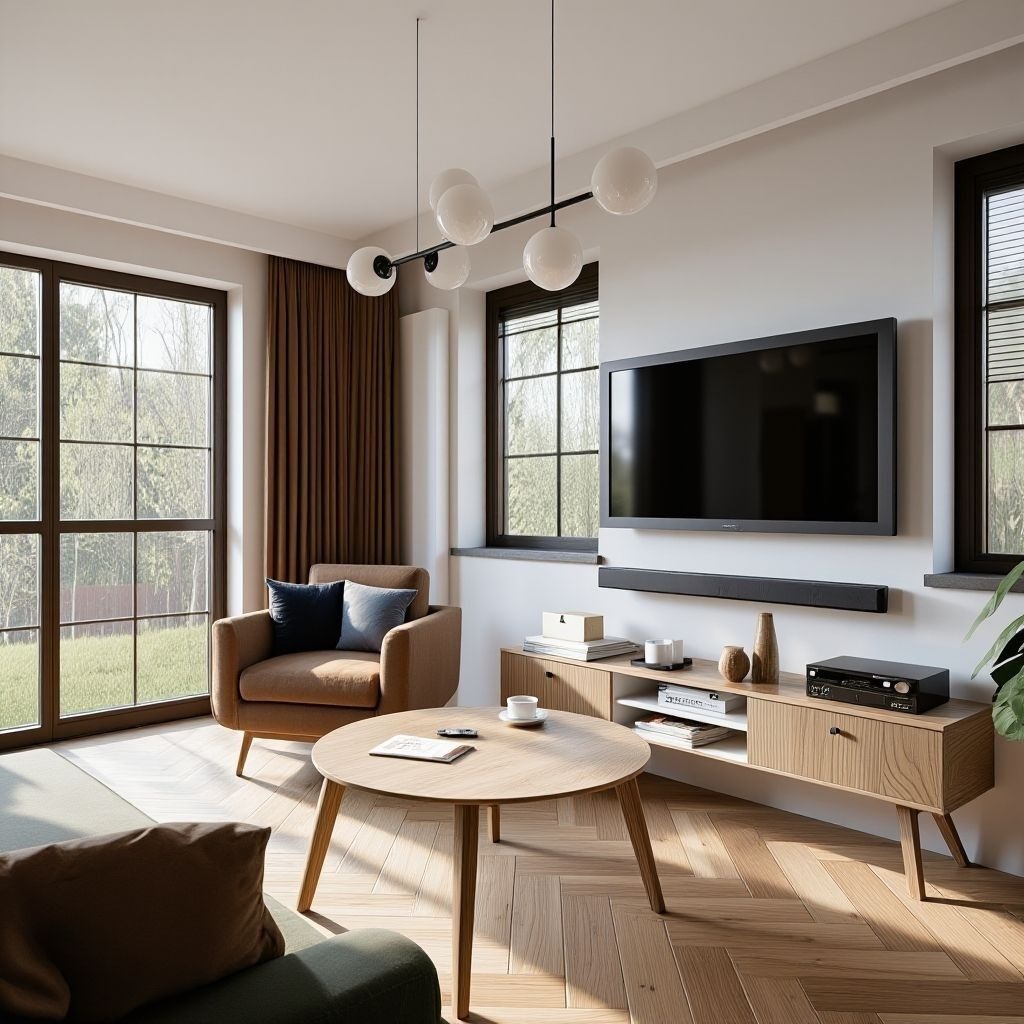 Jasny salon z parkietem w jodełkę, okrągłym stolikiem kawowym i brązowym fotelem. Duże okna z widokiem na zieleń. Minimalistyczna lampa sufitowa.