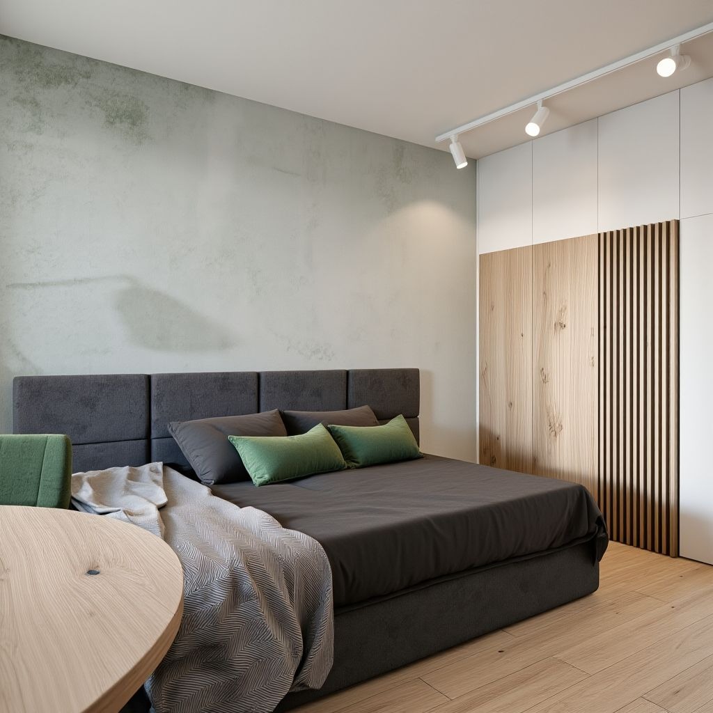 Nowoczesna sypialnia z szarą tapicerowaną ramą łóżka, zielonymi poduszkami i drewnianą podłogą. Minimalistyczne oświetlenie punktowe i szafa z drewnianymi akcentami.