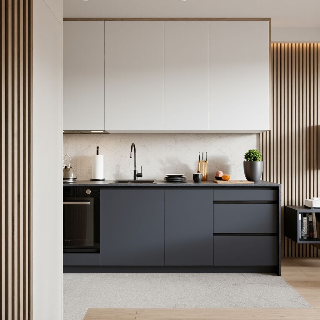Nowoczesna kuchnia z szarymi szafkami, białymi górnymi szafkami i drewnianymi panelami ściennymi. Minimalistyczny design z czarną armaturą i subtelnym oświetleniem.