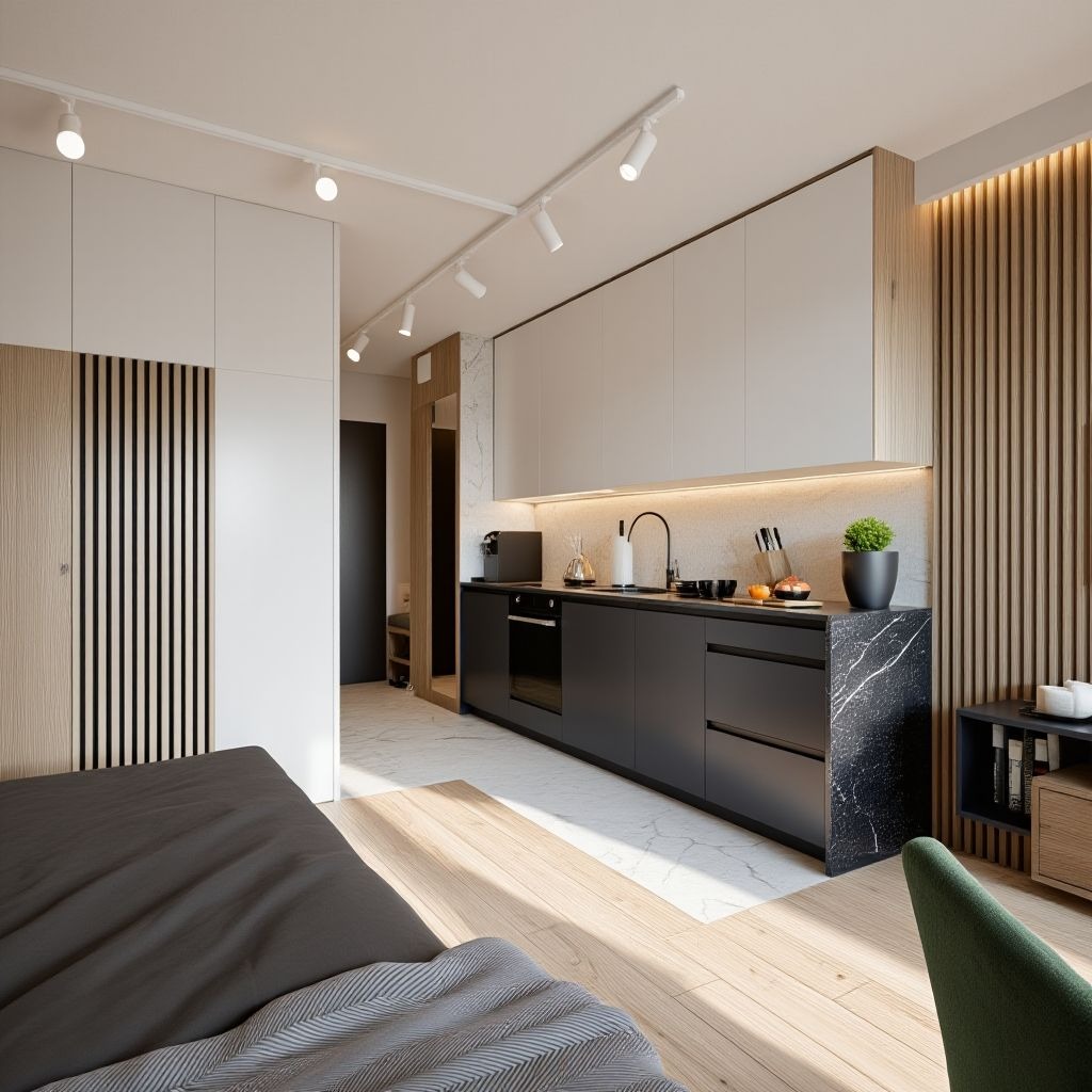 Nowoczesna aranżacja wnętrza w Krakowie: minimalistyczna kuchnia z czarnymi szafkami i marmurowym blatem, oświetlenie punktowe, drewniane panele dekoracyjne.