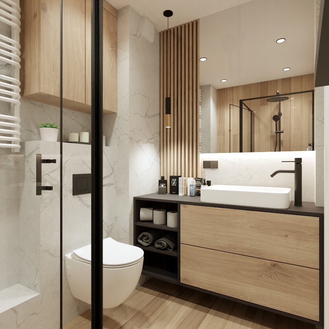 Nowoczesna łazienka z drewnianymi akcentami: szafka pod umywalką, dekoracyjna ścianka z lameli, marmurowe płytki, czarna armatura i oświetlenie.