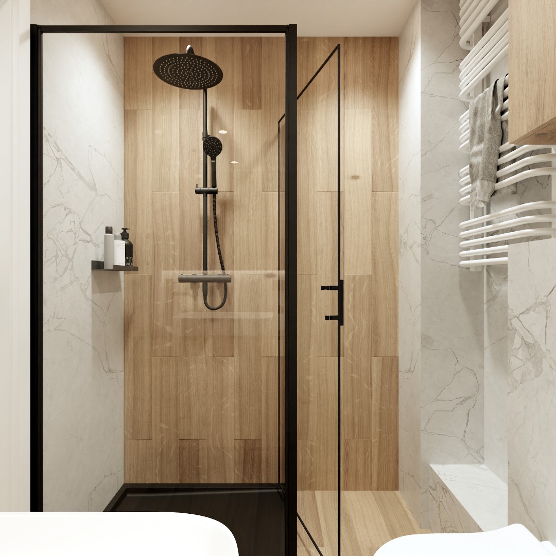 Nowoczesna kabina prysznicowa z czarnymi detalami, drewnopodobne płytki i marmurowe ściany. Minimalistyczny design, grzejnik drabinkowy z ręcznikiem.