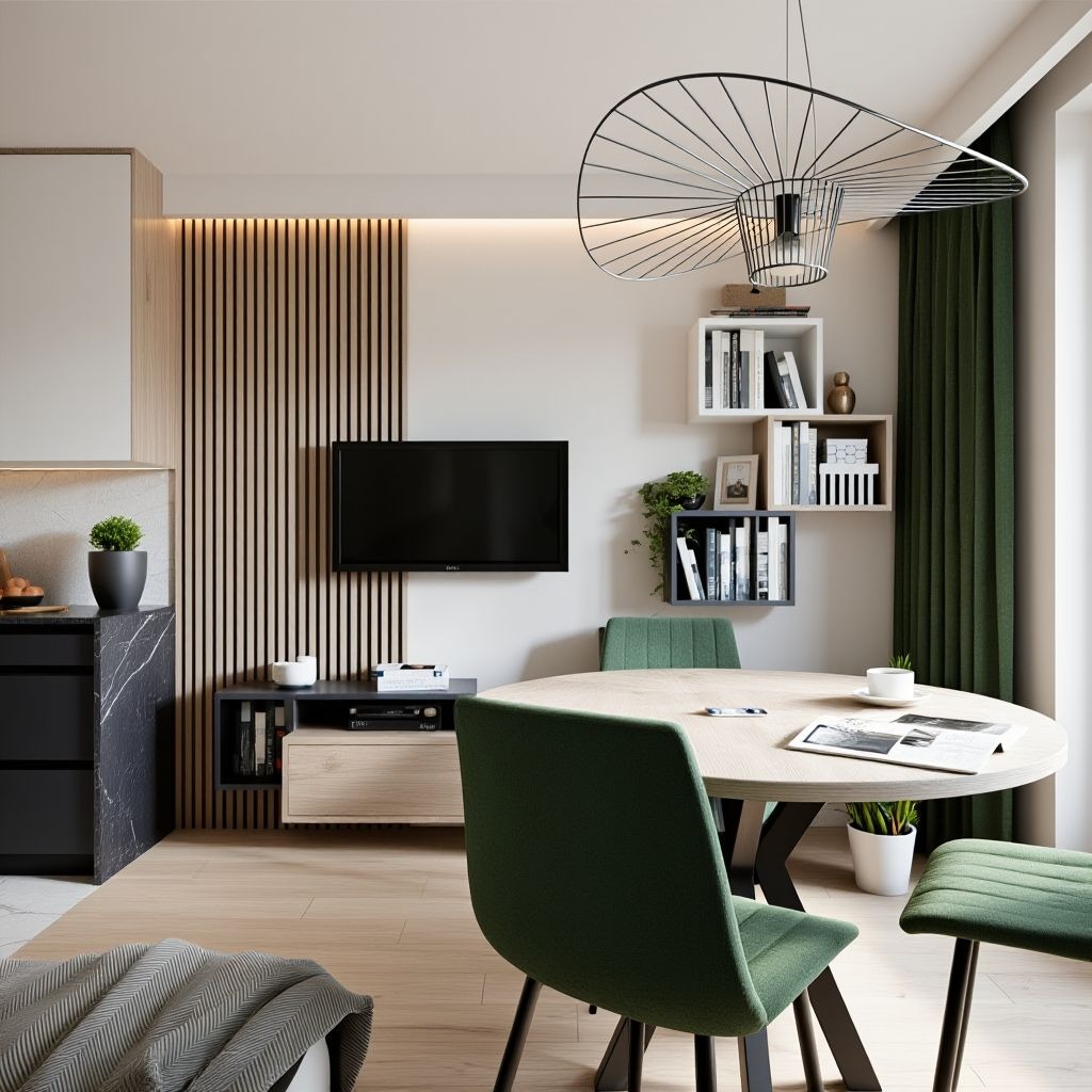 Nowoczesny salon z okrągłym stołem i zielonymi krzesłami. Ściana z drewnianymi lamelami, telewizor i półki. Designerska lampa wisząca. Stonowana kolorystyka, naturalne światło.