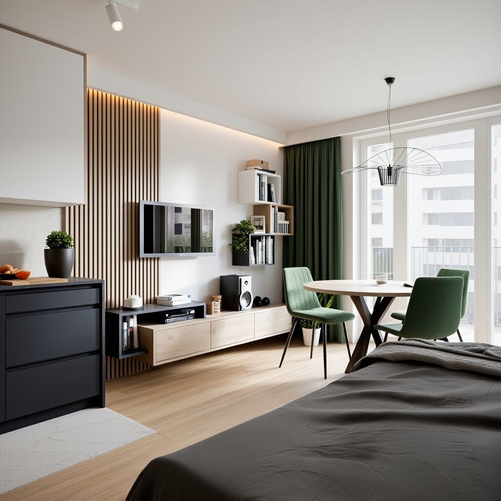 Nowoczesne wnętrze mieszkania z drewnianymi lamelami, telewizorem, zielonymi krzesłami i oknem z widokiem na miasto. Minimalistyczny design z akcentami roślinnymi.