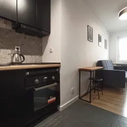 Częściowy widok aneksu kuchennego z czarnymi szafkami, drewnianym blatem i szarą mozaiką na ścianie, przechodzącego w salon z szarą sofą i drewnianą podłogą.