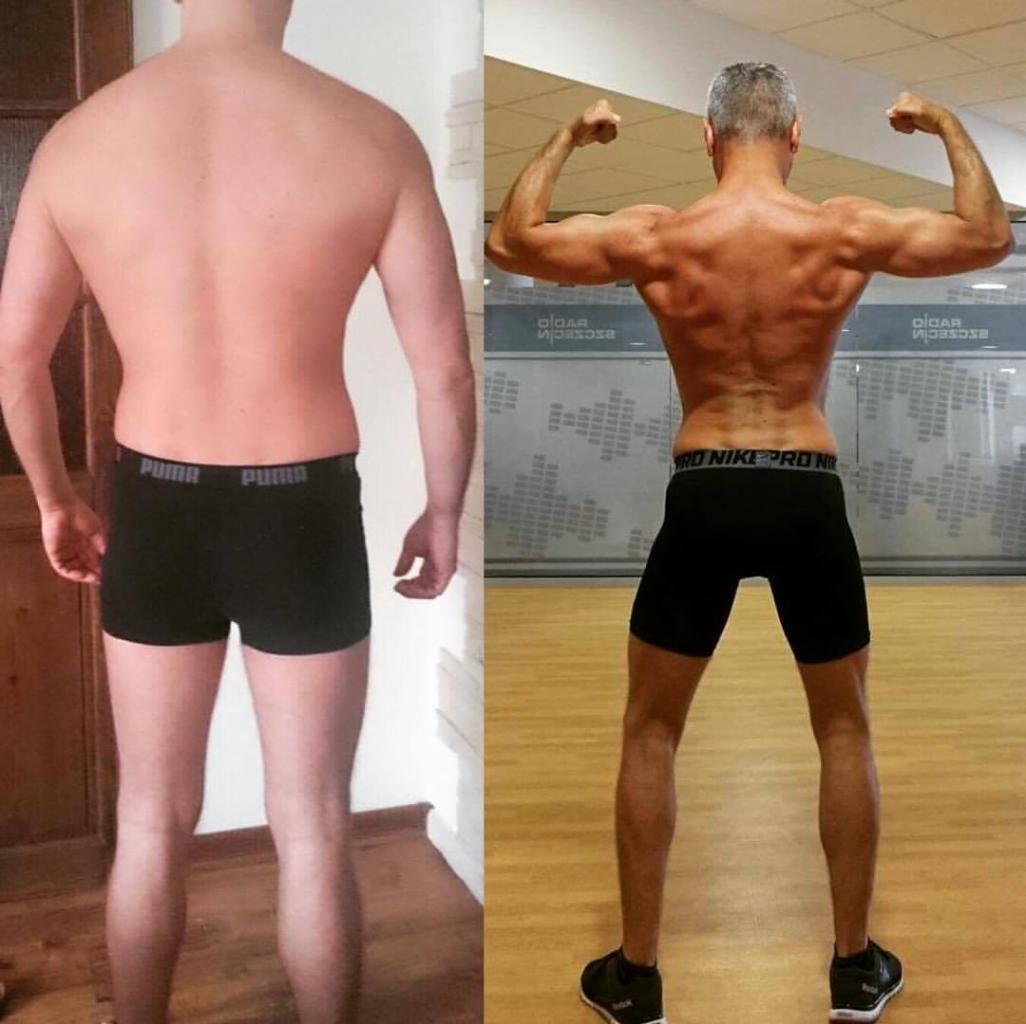 Porównanie sylwetki mężczyzny przed i po treningu, widok z tyłu, uwidocznione mięśnie pleców i ramion.