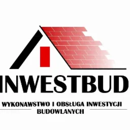 Logo firmy budowlanej Investbud z graficznym symbolem dachu z czerwonej cegły i napisem 'Wykonawstwo i obsługa inwestycji budowlanych'.