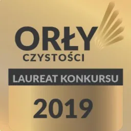Złota odznaka 'Orły Czystości' - laureat konkursu 2019, symbolizująca wysoką jakość usług porządkowych.