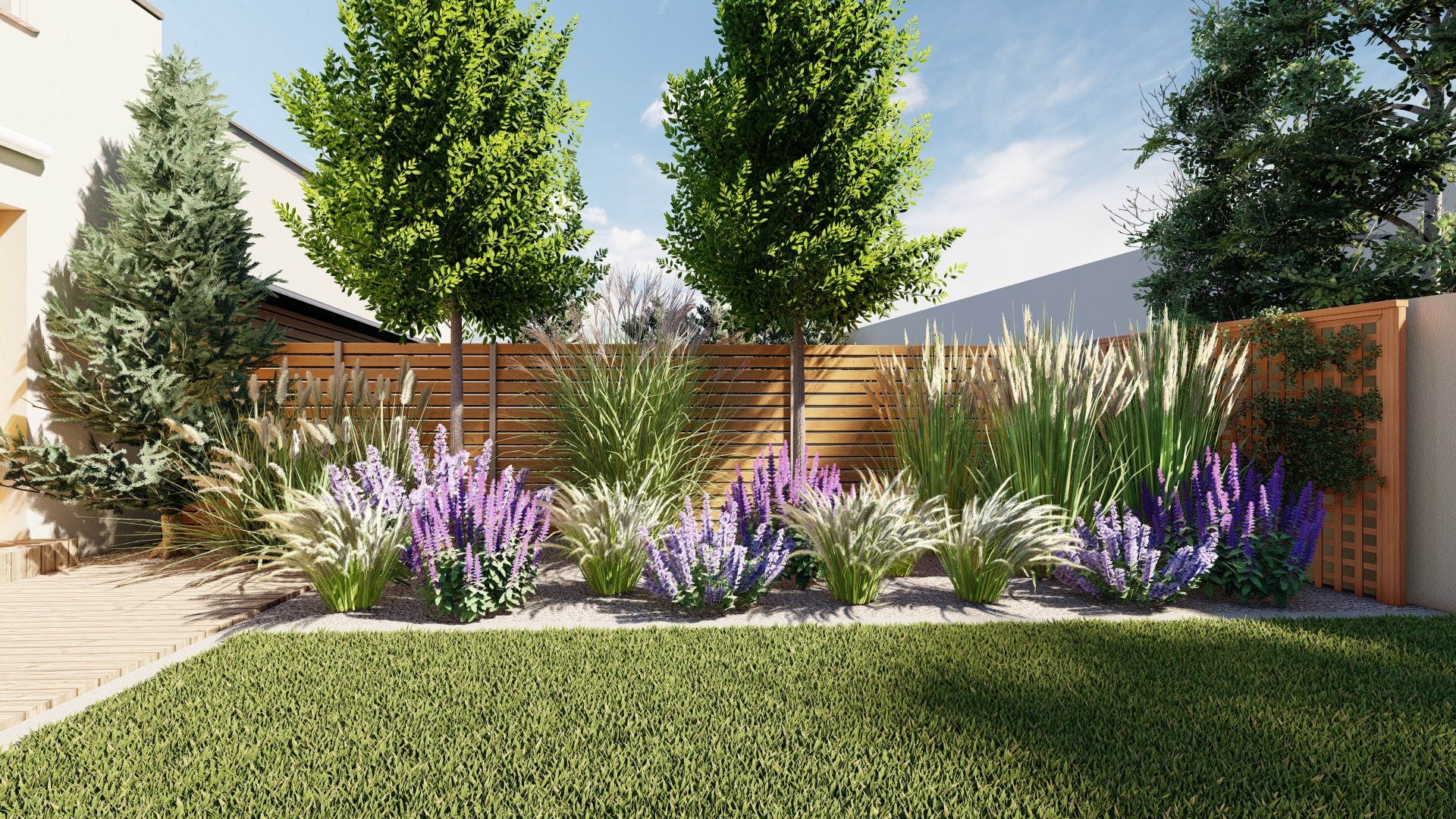 Nowoczesny ogród z drewnianym ogrodzeniem, ozdobnymi trawami i fioletowymi kwiatami, z równo przystrzyżonym trawnikiem.