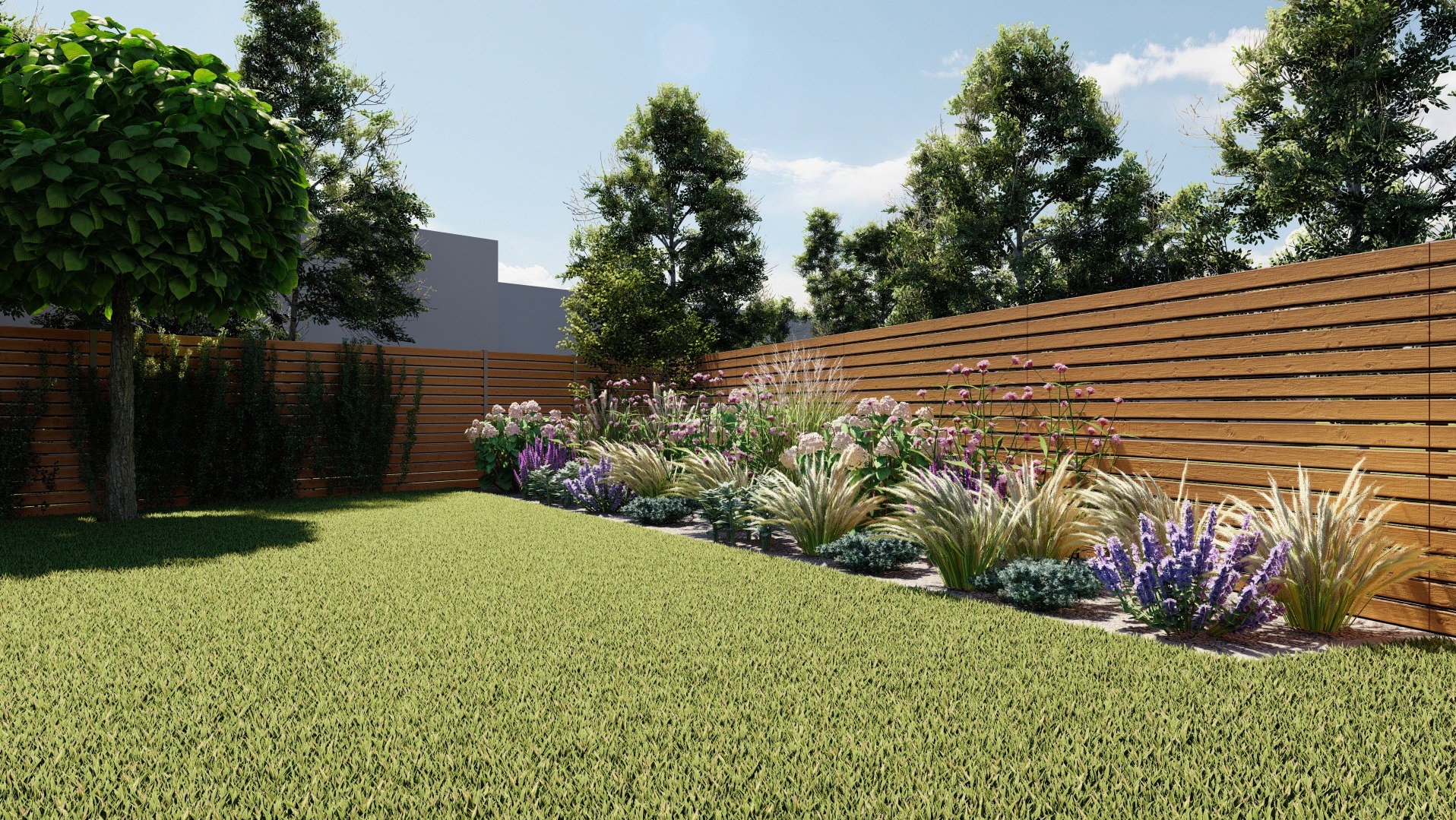 Wizualizacja ogrodu z równo przystrzyżonym trawnikiem, drewnianym ogrodzeniem horyzontalnym i rabatą z ozdobnymi trawami oraz kwitnącymi bylinami w odcieniach fioletu i różu.