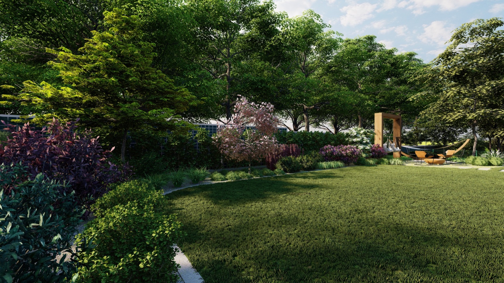 Wizualizacja ogrodu z równo przystrzyżonym trawnikiem, rabatami kwiatowymi w odcieniach fioletu i różu, oraz strefą relaksu z hamakiem i meblami ogrodowymi, otoczona dojrzałymi drzewami.