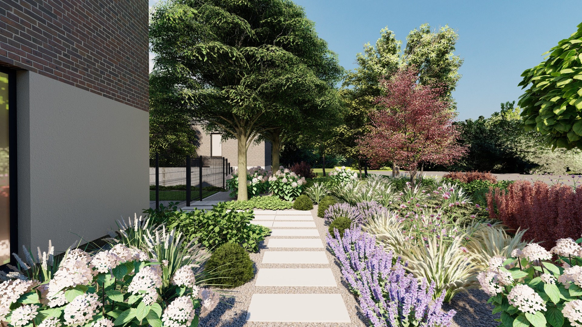 Wizualizacja ścieżki z płyt chodnikowych w ogrodzie, otoczonej różnorodną roślinnością, w tym hortensjami i lawendą, prowadzącej wzdłuż budynku z ceglaną elewacją.