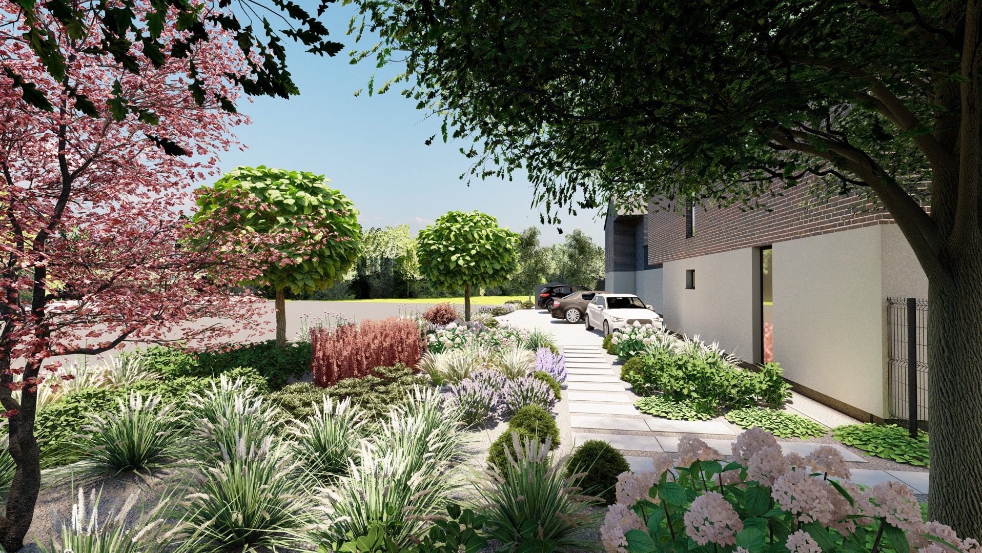 Wizualizacja ogrodu przed domem z kwitnącymi drzewami, ozdobnymi trawami, ścieżką z płyt betonowych prowadzącą do parkingu z dwoma samochodami i nowoczesną bryłą budynku w tle.
