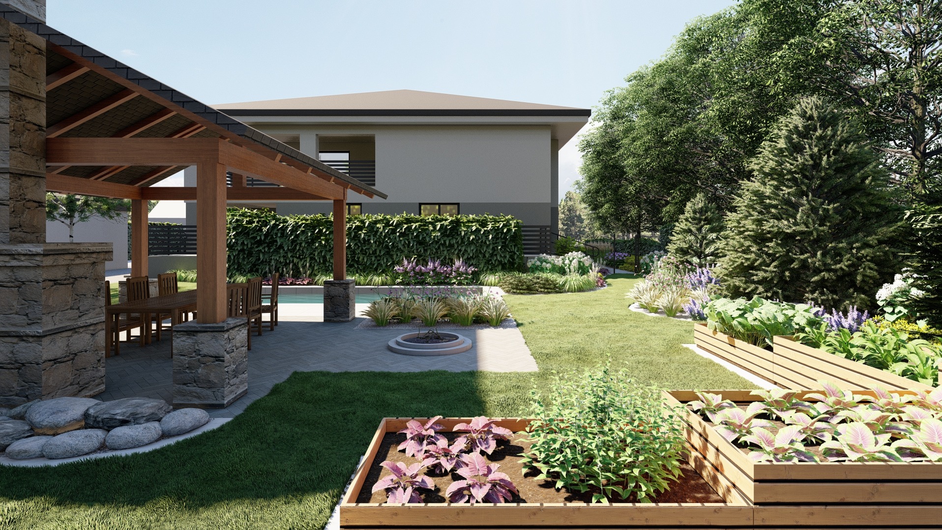 Wizualizacja ogrodu z drewnianą pergolą, podwyższonymi grządkami warzywnymi i miejscem na ognisko, z nowoczesnym domem w tle.