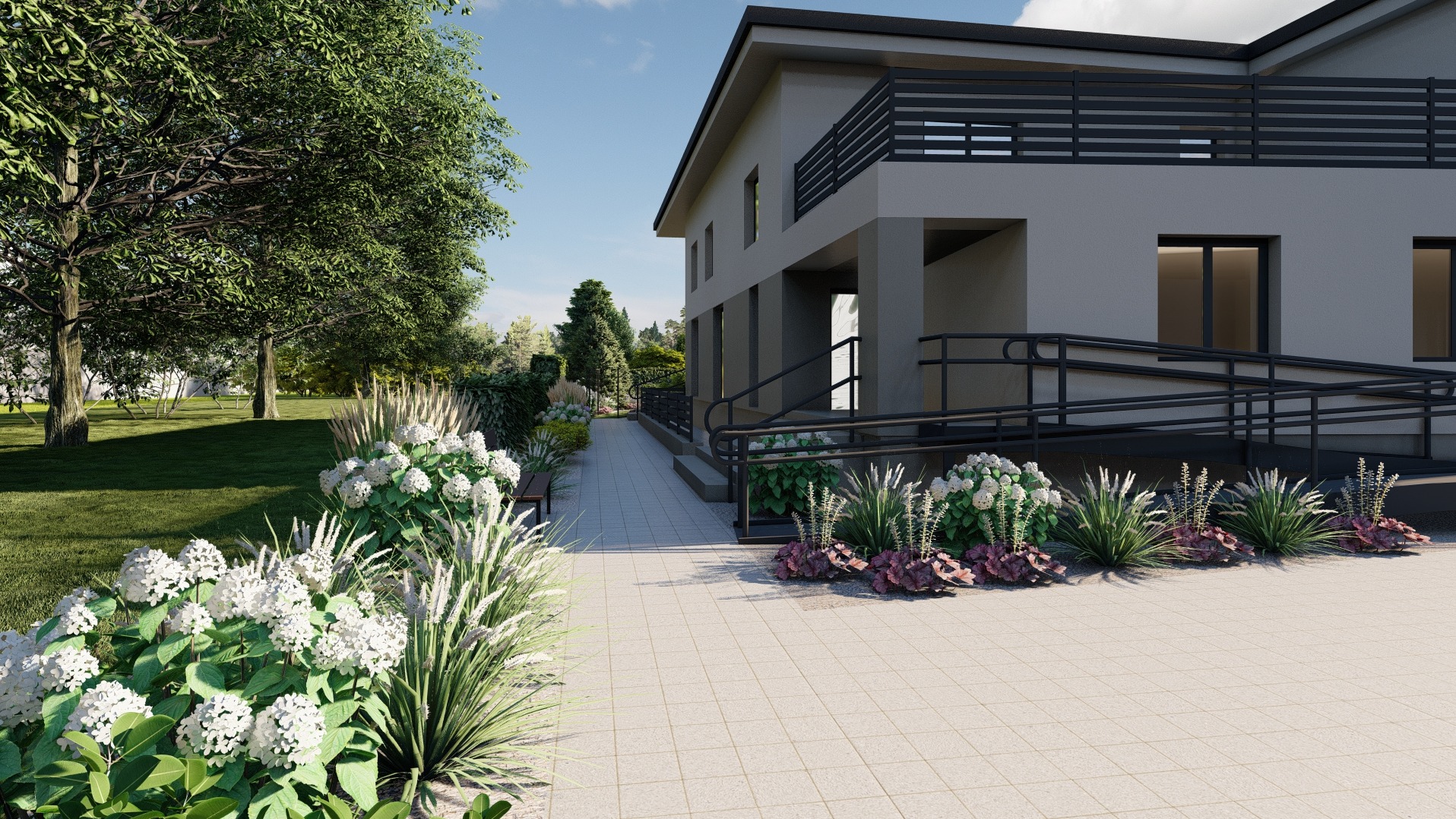 Wizualizacja domu z ogrodem, białe hortensje i ozdobne trawy wzdłuż ścieżki, podjazd dla niepełnosprawnych.