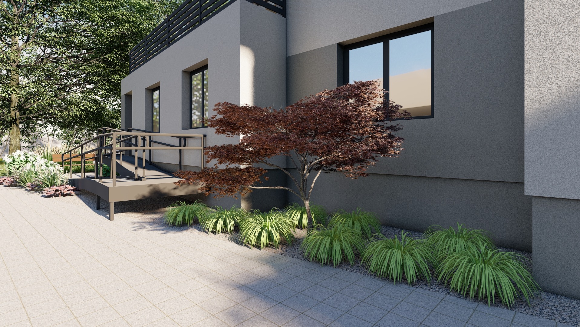 Wizualizacja nowoczesnego domu z rampą dla niepełnosprawnych, ozdobionego klonem palmowym i trawami ozdobnymi.