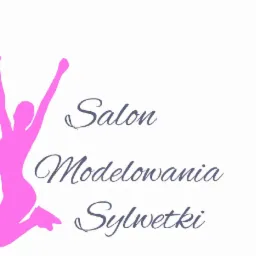 Logo salonu modelowania sylwetki: r&oacute;żowa sylwetka kobiety w skoku obok napisu w odcieniach szarości 'Salon Modelowania Sylwetki' na białym tle.