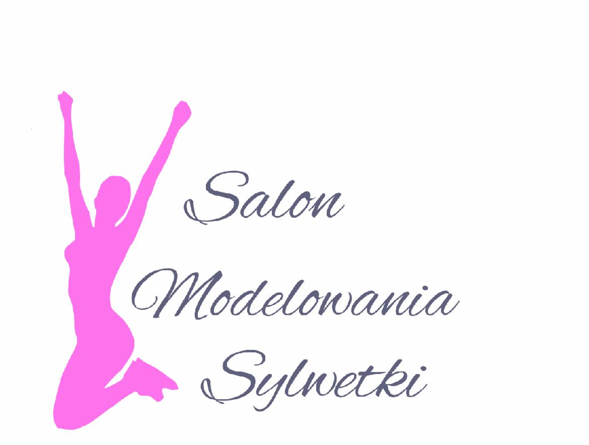 Logo salonu modelowania sylwetki: różowa sylwetka kobiety w skoku obok napisu w odcieniach szarości 'Salon Modelowania Sylwetki' na białym tle.