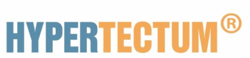 Logo firmy HYPERTECTUM w kolorach niebieskim i pomarańczowym, z symbolem zarejestrowanego znaku towarowego.