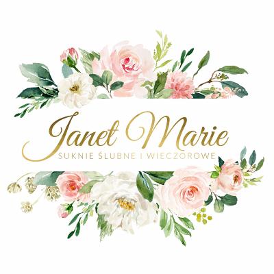 Logo firmy Janet Marie z napisem w złotym kolorze, otoczone akwarelowymi kwiatami i liśćmi, oferującej suknie ślubne i wieczorowe.