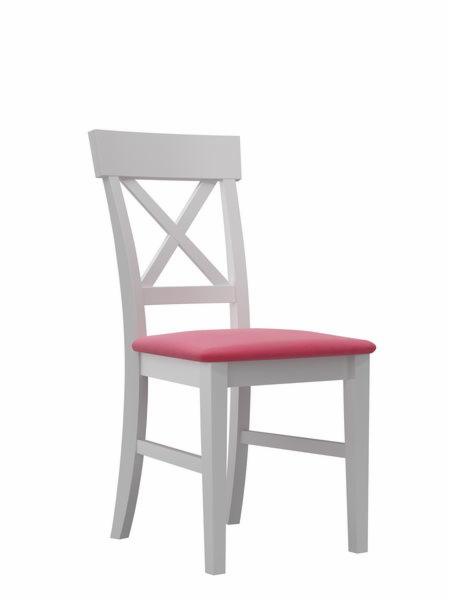 Białe krzesło z krzyżowym oparciem i różowym tapicerowanym siedziskiem, na białym tle.