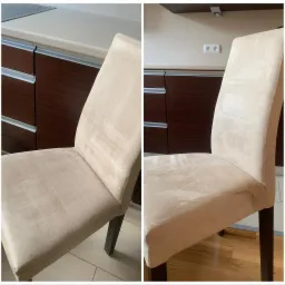 Krzesło tapicerowane w odcieniach beżu, widoczne ślady po czyszczeniu na siedzisku i oparciu, ukazujące różnicę przed i po zabiegu.