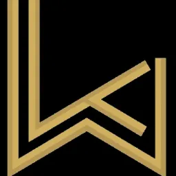 Abstrakcyjne logo firmy prawniczej w kolorze złotym na czarnym tle, przypominające stylizowaną literę W.