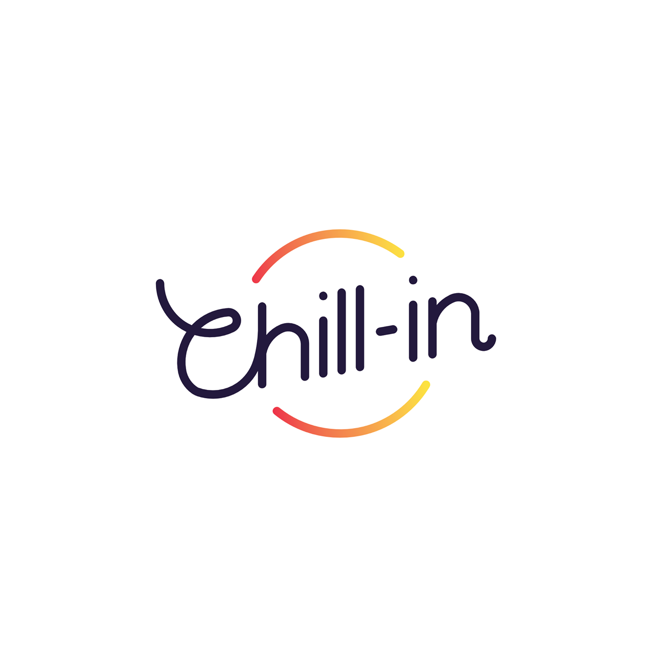 Logo 'Chill-in' z napisem w zaokrąglonym, nowoczesnym stylu, otoczonym częściowym okręgiem z gradientem kolorów od czerwonego do żółtego.
