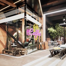 PRO-ART PROJECT   SPÓŁKA Z OGRANICZONĄ ODPOWIEDZIALNOŚCIĄ - Wizualizacja kawiarni z neonowym napisem 'Coffee' i 'Bar', ceglaną elewacją, przeszkloną fasadą i industrialnymi elementami dekoracyjnymi na zewnątrz.