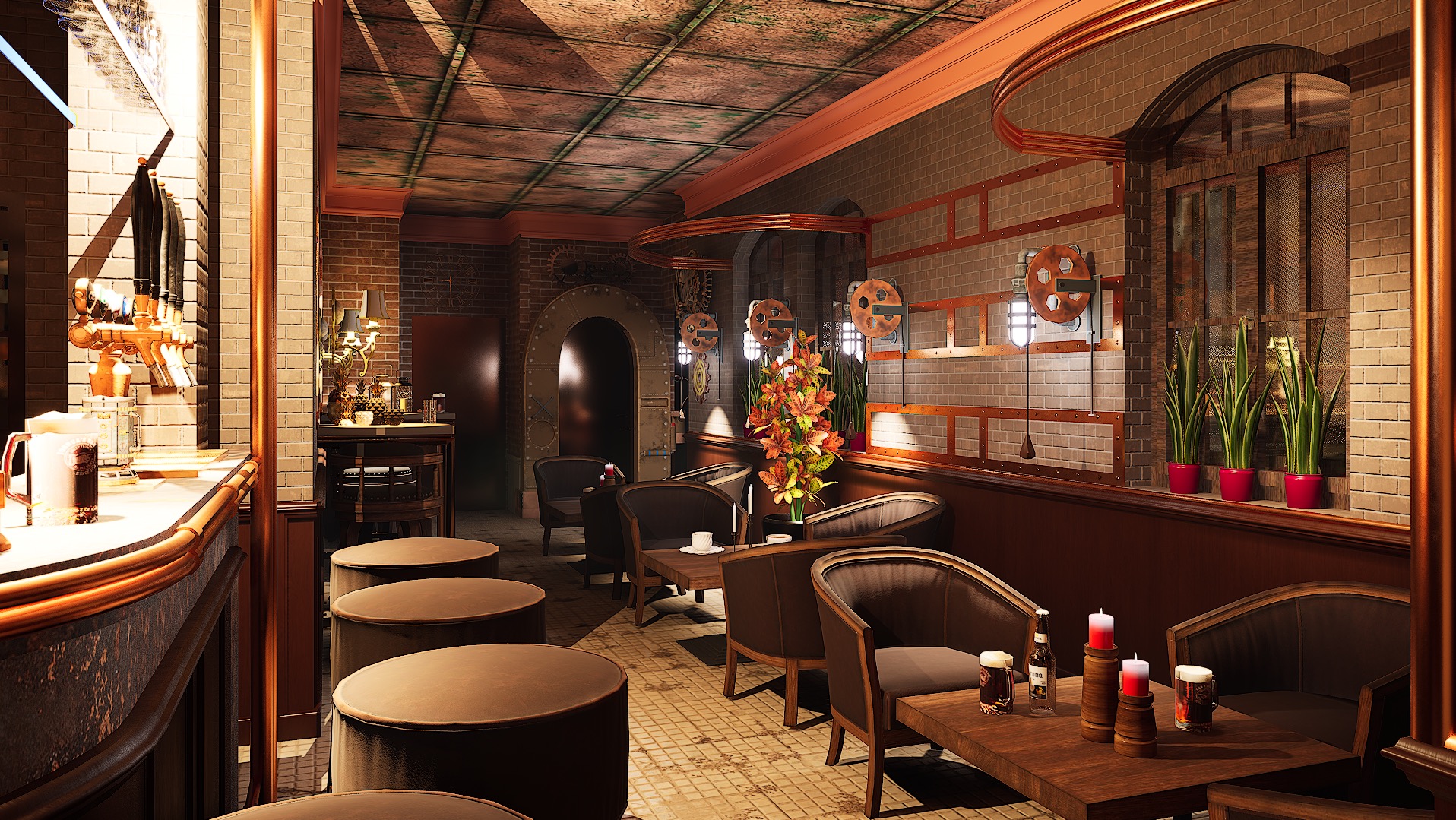 Steampunkowe wnętrze baru z ceglanymi ścianami, miedzianymi rurami i industrialnymi lampami. Ciemne meble i rośliny w doniczkach dopełniają wystrój.