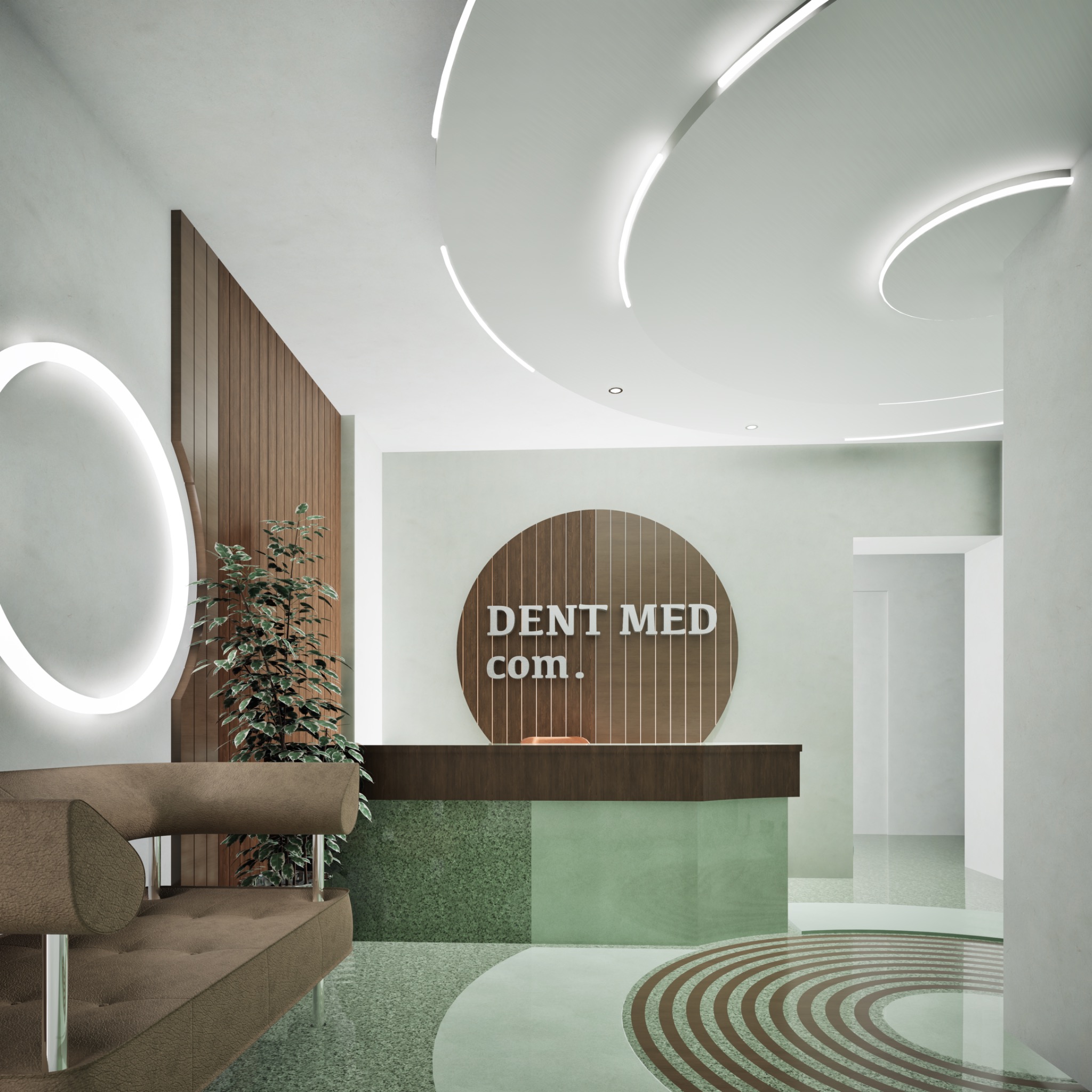 Nowoczesne wnętrze recepcji gabinetu dentystycznego z zielonymi akcentami, drewnianą okładziną i oświetleniem LED. Widoczny sofa i logo 'DENT MED com.'.