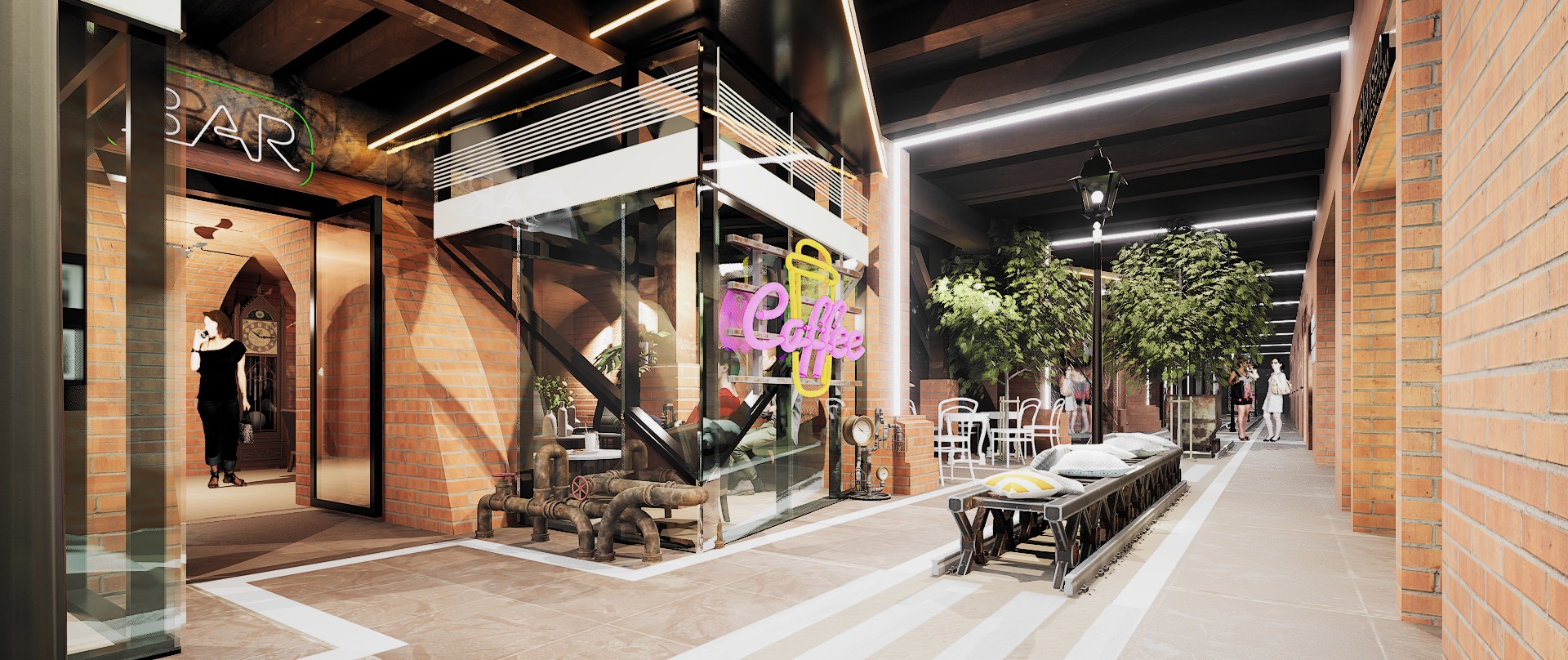 Wizualizacja kawiarni z neonowym napisem 'Coffee' i 'Bar', ceglaną elewacją, przeszkloną fasadą i industrialnymi elementami dekoracyjnymi na zewnątrz.