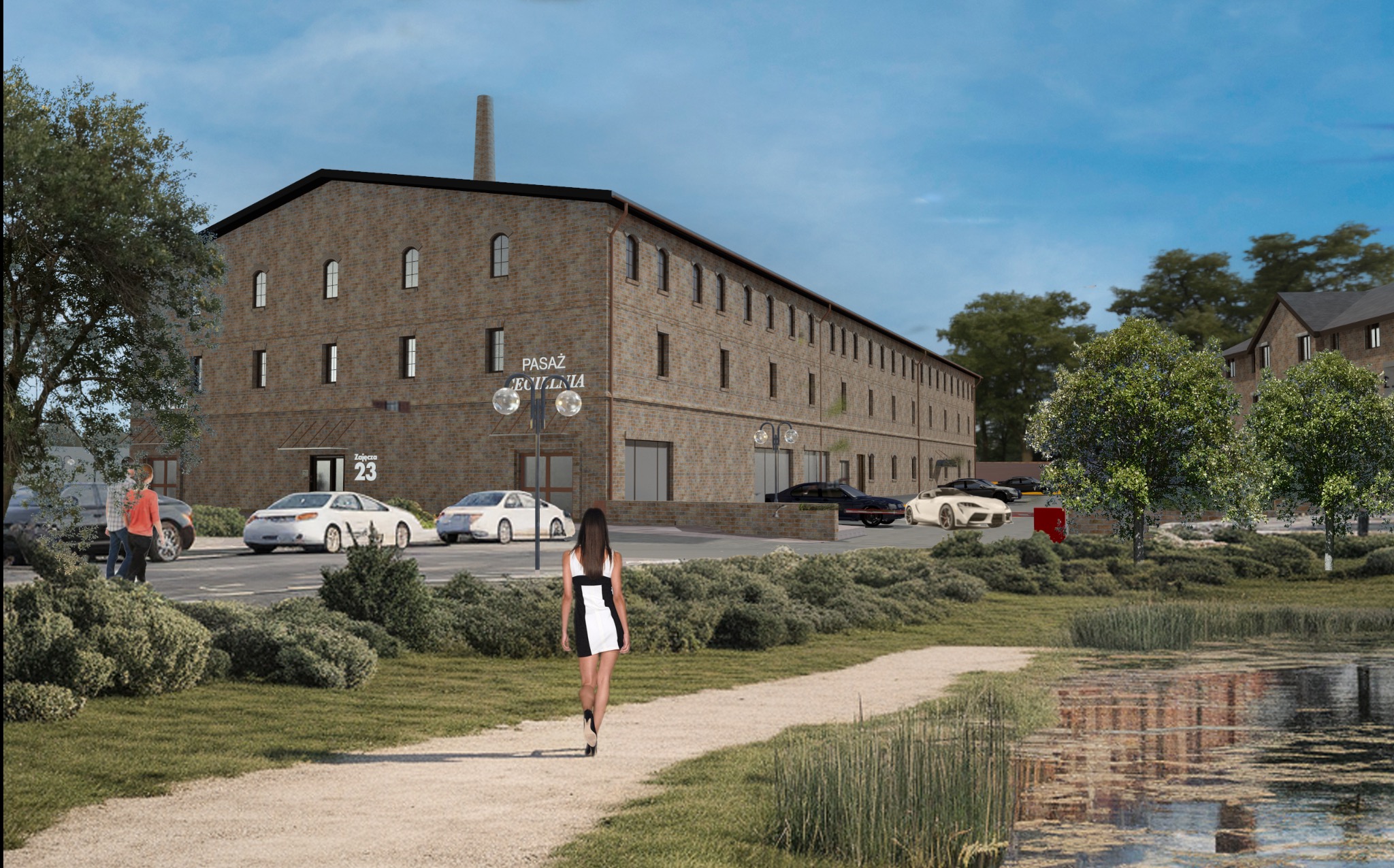 Wizualizacja budynku usługowego z cegły z napisem 'Pasaż Eculenia', otoczonego zielenią, z chodnikiem i jeziorkiem w kadrze. Widoczna kobieta idąca w stronę budynku.