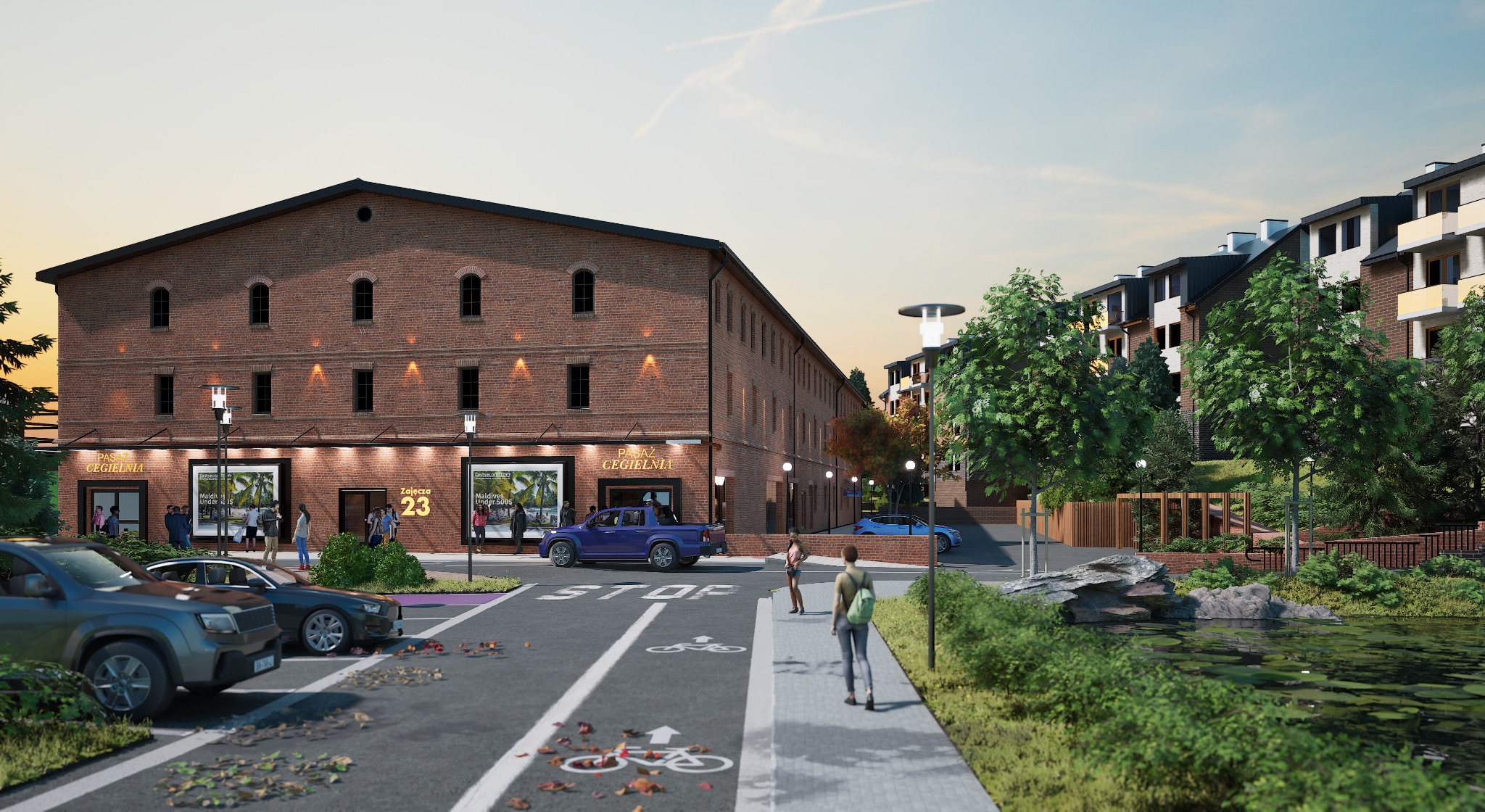 Wizualizacja budynku usługowego z cegły z napisem 'Pasaż Cegielnia' i numerem 23, otoczonego zielenią, parkingiem i chodnikiem z rowerzystami. Realistyczny render.