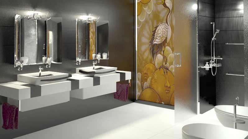 Nowoczesna łazienka z dwoma umywalkami o geometrycznym designie, lustrami z oświetleniem i kabiną prysznicową z grafiką. Minimalistyczny styl, szaro-biała kolorystyka.