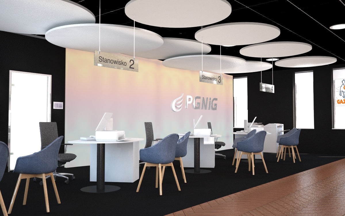 Wnętrze biura PGNIG z okrągłymi lampami sufitowymi, stanowiskami obsługi klienta i nowoczesnymi krzesłami. Widoczne logo firmy na ścianie.
