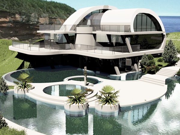 Futurystyczny projekt budynku usługowego z basenem, otoczony zielenią i skałami, z widokiem na morze. Biała, opływowa bryła z balkonami i dużymi oknami.