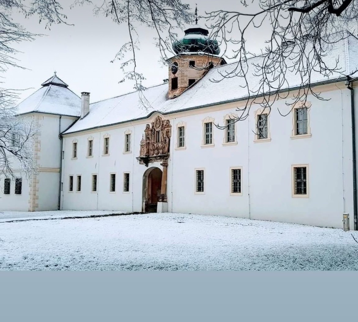 Zimowy krajobraz z białym budynkiem usługowym z wieżą i zdobieniami, pokrytym śniegiem. Drzewa z gałęziami bez liści w kadrze.