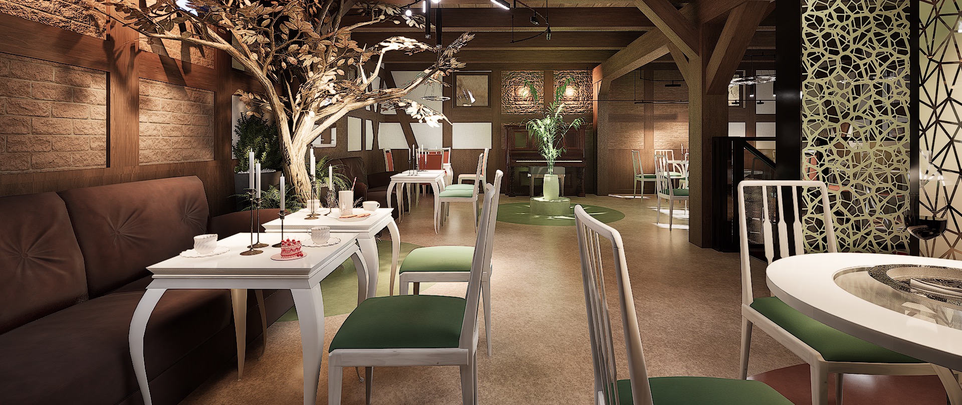 Wnętrze restauracji z drewnianymi elementami, białymi stolikami i zielonymi krzesłami. Dekoracyjne drzewo w centrum, ciepłe oświetlenie, elegancki design.