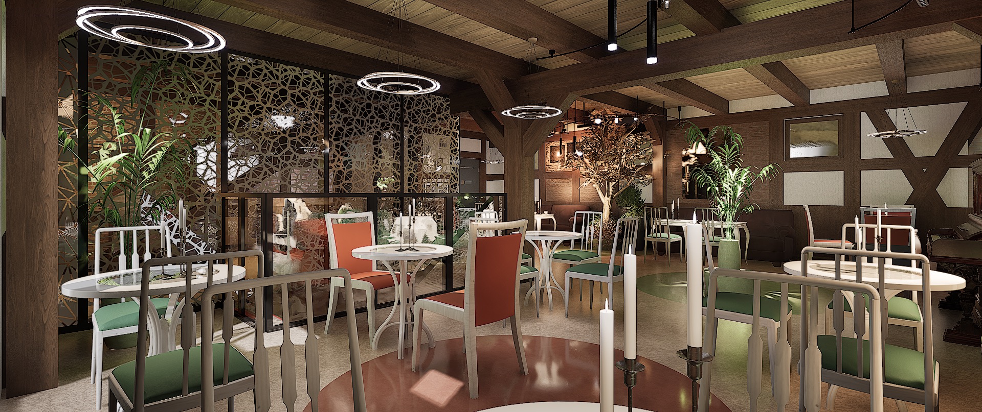 Wnętrze kawiarni z drewnianymi belkami, nowoczesnym oświetleniem i roślinami. Krzesła w odcieniach zieleni i pomarańczy przy białych stolikach. Dekoracyjne panele ażurowe.
