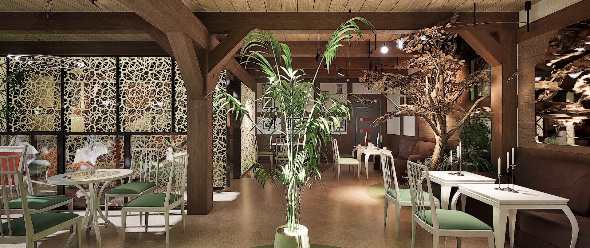 Projekt wnętrza biura z drewnianymi elementami, roślinami i dekoracyjnymi panelami. Widoczne stoły, krzesła i oświetlenie.