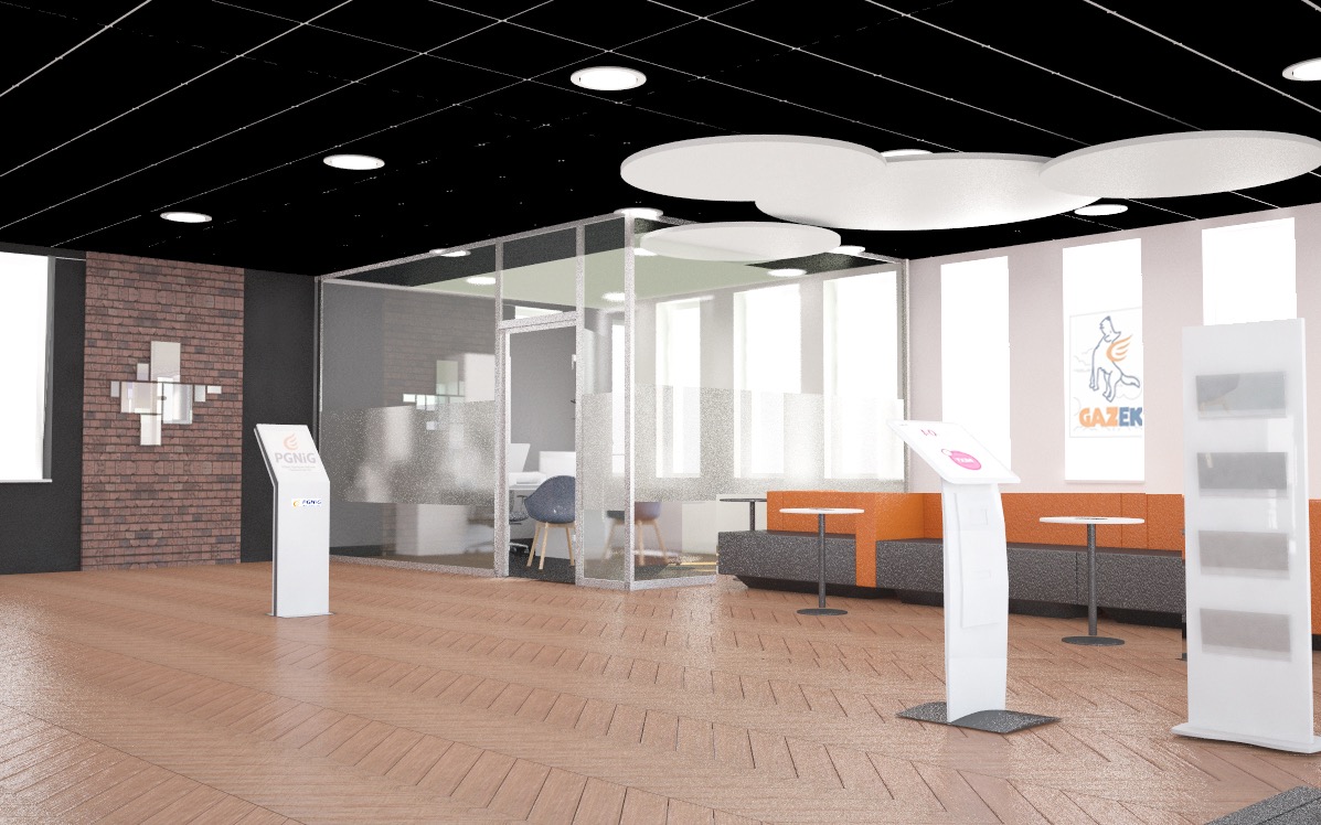 Wnętrze biura z przeszklonymi ścianami, stanowiskami informacyjnymi PGNIG i Gazek, oraz strefą relaksu z sofami i stolikami. Parkiet w jodełkę, nowoczesne oświetlenie.