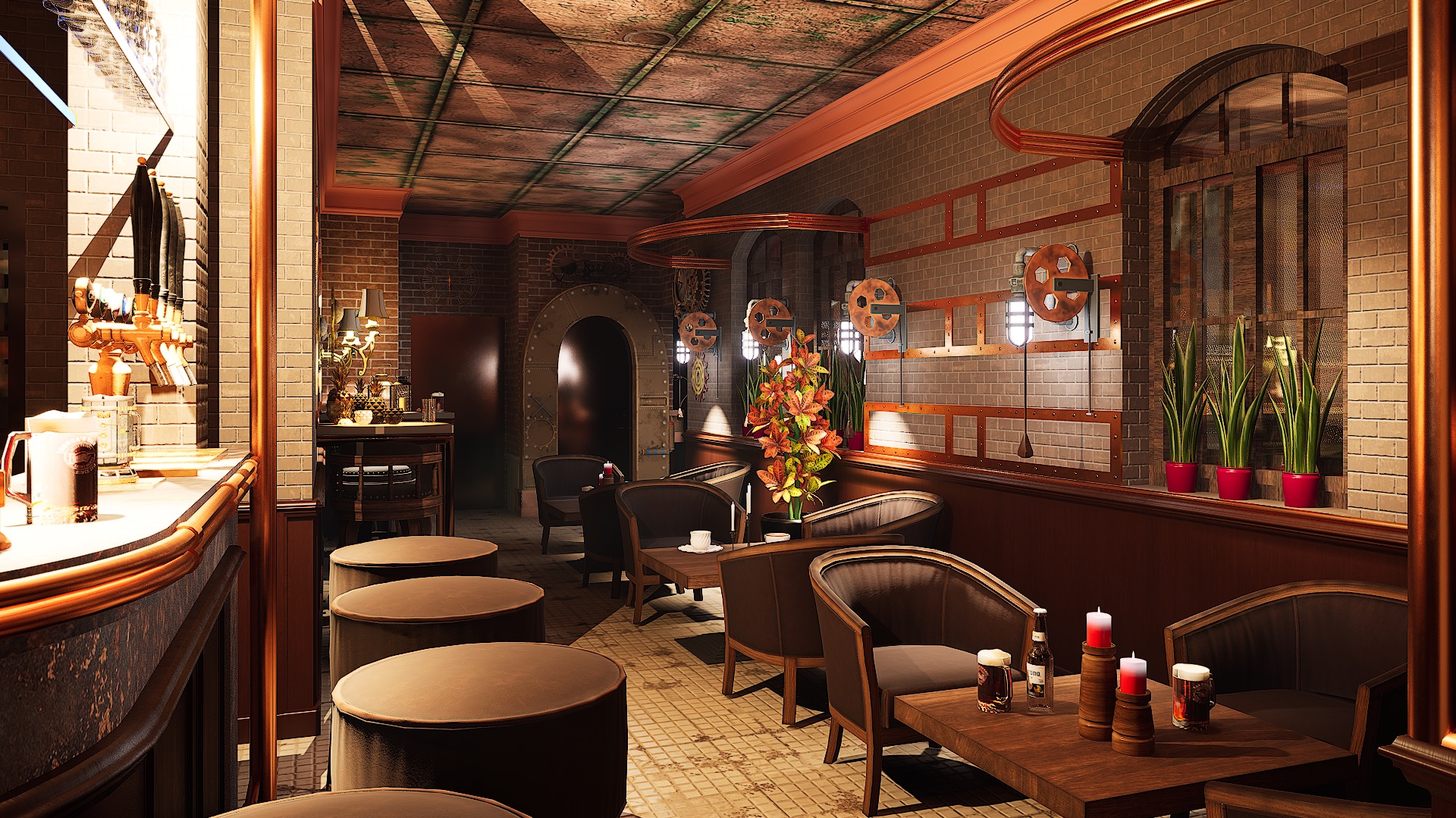 Wnętrze baru w stylu industrialnym: ceglane ściany, miedziane rury, ciemne meble, rośliny w doniczkach i dekoracyjne oświetlenie. Widoczne stoliki i krzesła dla gości.