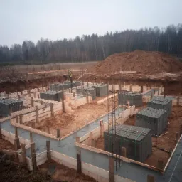 Wylane betonowe ławy fundamentowe z drewnianym szalunkiem, zbrojenie pionowe oraz bloczki betonowe na tle ziemi i lasu w pochmurny dzień.