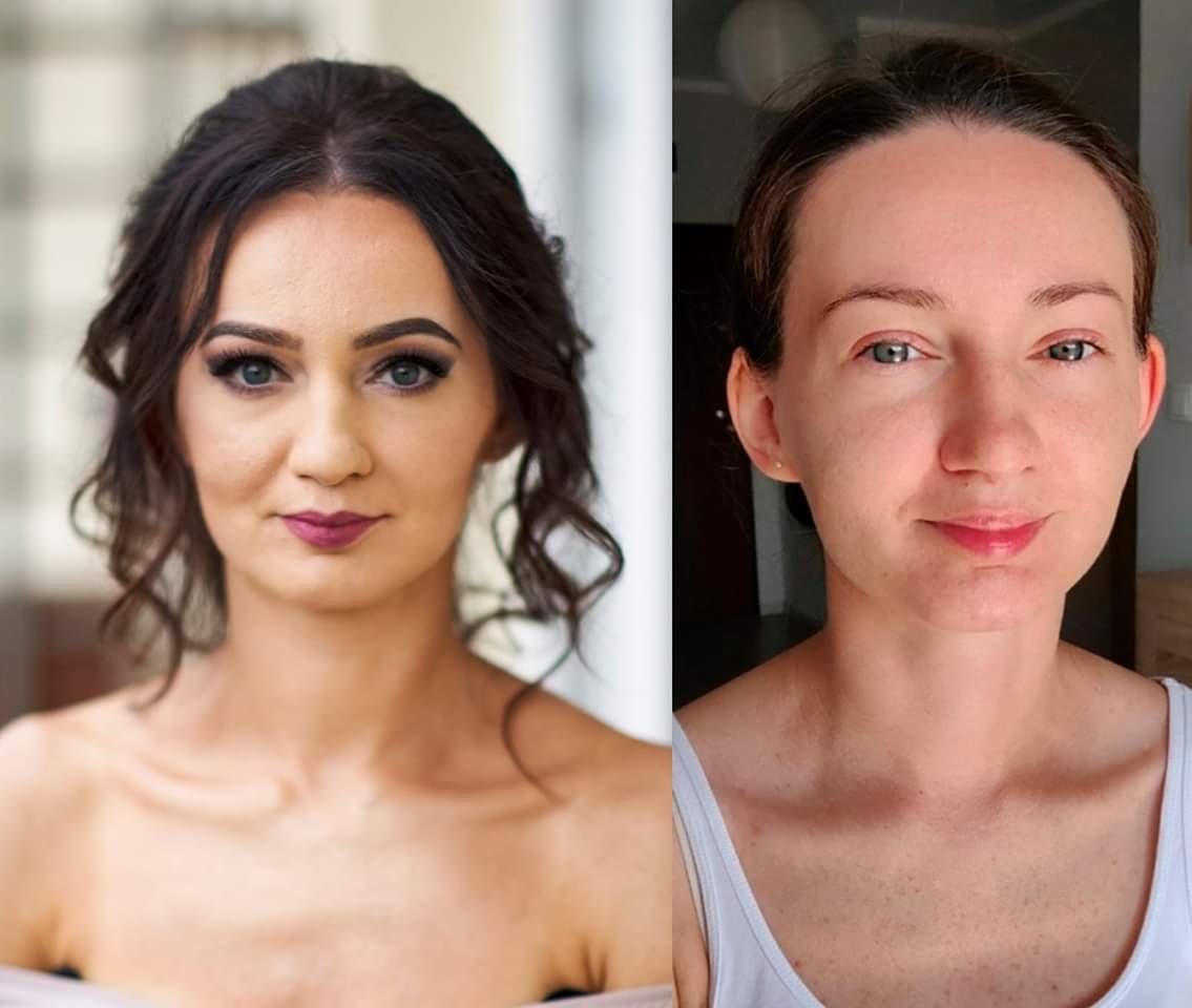Portret kobiety przed i po makijażu, widoczne zmiany w wyglądzie skóry, oczu i ust.